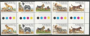 Australia  #  727-31  Dingo, Dogs    GUTTER PAIRS  (5)  Mint NH