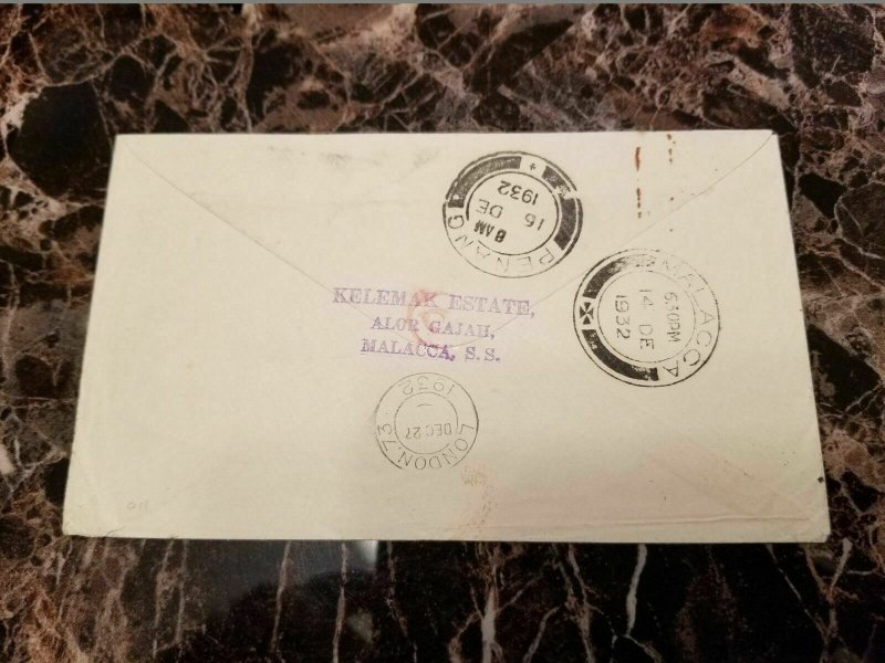 1932 Malacca Malaya Cover To England via KLM Airmail # 165