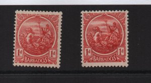 Barbados 1921 SG220 SG220b 1d both unmounted mint