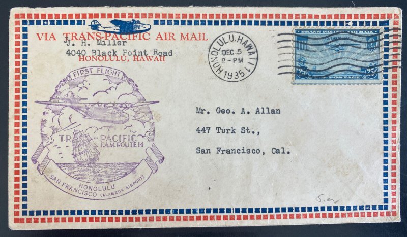 1935 Honolulu Hawaii First Flight Airmail Cover FFC To San Francisco Ca USA