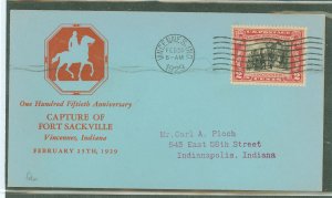 US 651 1929 2c George Rogers Clark/150th anniversary of the capture of sackville on an addressed first day cover with a Vincenne