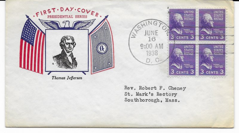 #807 Prexie FDC, 2c Thomas Jefferson, Fidelity cachet, block of 4