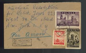 1946 Weglow Poland Airmail Cover to American Federation for Polish Jews Judaica