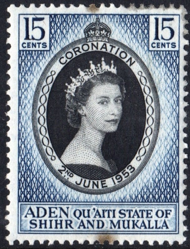 Aden Qu’aiti State of Shihr & Mukalla SC#28 15¢ Coronation of Queen Elizabeth