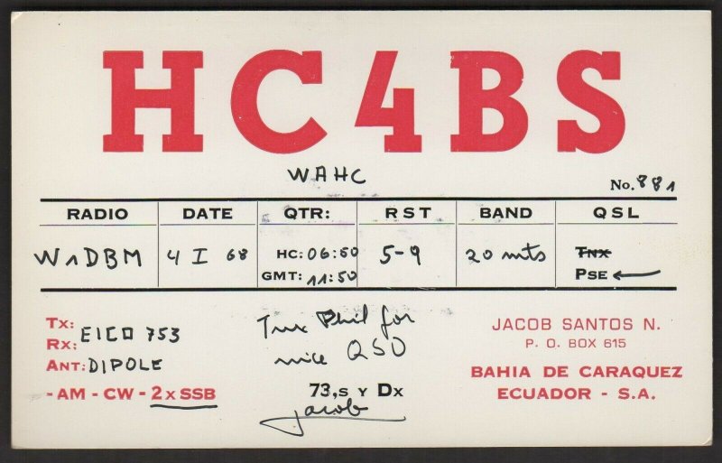 QSL CARD HC4BS,Jacob Santos N.68,,Bahia De Caraquez,Ecuador-S.A.(Q4515)