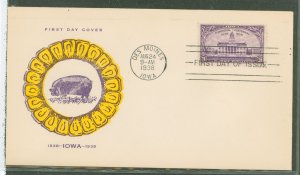 US 838 1938 3c iowa centennial single on an unaddressed fdc with a fidelity cachet