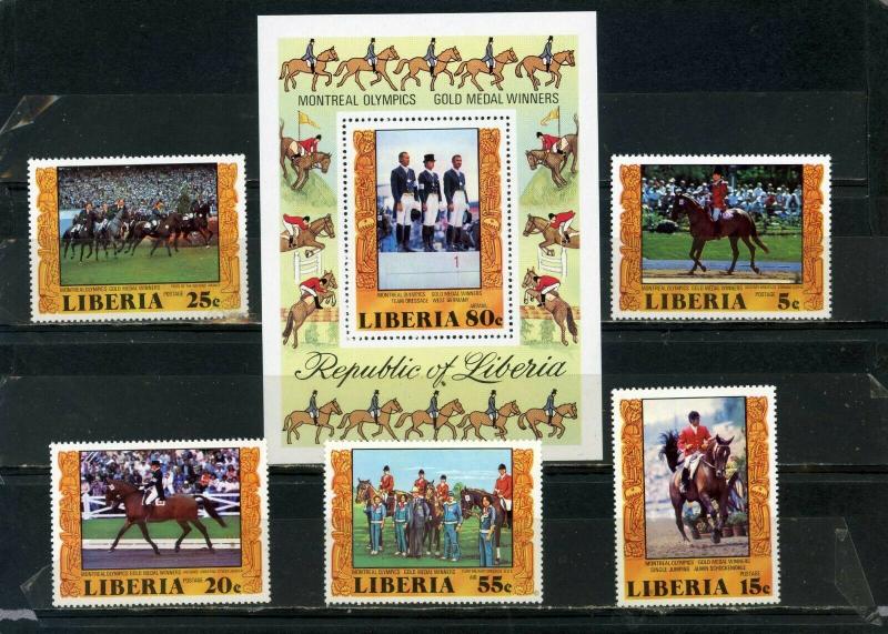 LIBERIA 1977 SUMMER OLYMPIC GAMES MONTREAL/HORSES SET OF 5 STAMPS & S/S MNH