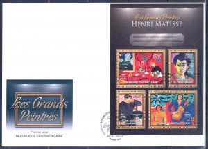 CENTRAL AFRICAN REPUBLIC 2012 HENRI MATISSE SHEET OF 4 FDC