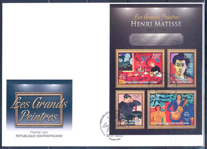 CENTRAL AFRICAN REPUBLIC 2012 HENRI MATISSE SHEET OF 4 FDC