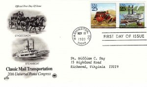 USA 1989 Sc 2434 2435 PCS FDC Artcraft Mail Transportation Stagecoach Steamboat