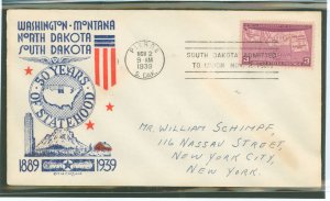 US 858 1939 3c Fifty years, statehood of four states (single) on an addressed first day cover with a Pierre, SD cancel and a cli