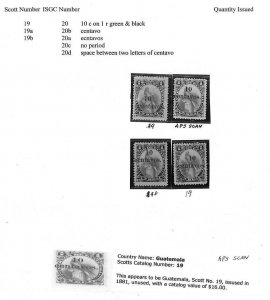 GUATEMALA #19 & 19b UNUSED & USED OVERPRINTED STAMP GROUPING + ERRORS (x7) 1881