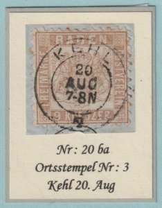 GERMAN STATES - BADEN 23  USED ON PIECE - TOWN CANCEL - KEHL 20 AUG