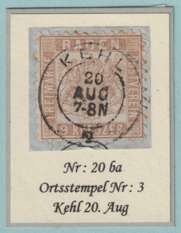 GERMAN STATES - BADEN 23  USED ON PIECE - TOWN CANCEL - KEHL 20 AUG