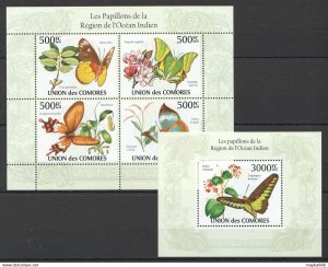 2010 Comoros Butterflies Papillons Indian Ocean Bl+Kb ** Uc253