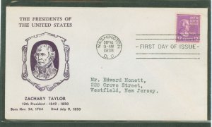 US 817 1938 12c Zachary Taylor (presidential/prexy series) single on an addressed first day cover with a Hux cut cachet.