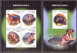 Maldive Islands 2018 Hippopotamus Sheet + S/S MNH