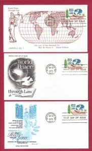 1975 10c World Peace through Law #1576, 3 FDCs, Various