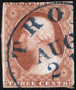 US Sc 10A Type II Orange Brown 3¢ 1851 Blue Dated TROY Town Cxl Position 50L2E