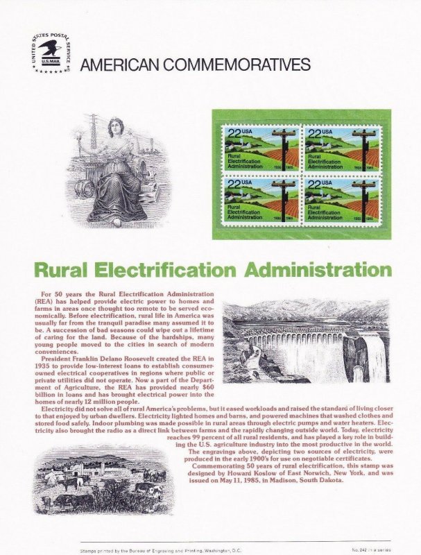 USPS Commemorative Panel 242 Rural Electrification Adm #2144 Block/4 Mint