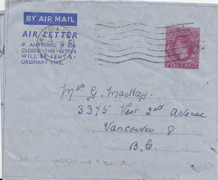 Great Britain 6d KGVI Air Letter 1952 Swansea, Glam. Airmail to Vancouver, B....