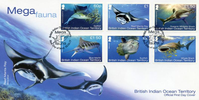 BIOT Br Indian Ocean Terr Marine Stamps 2017 FDC Mega Fauna Sharks Fish 6v Set 