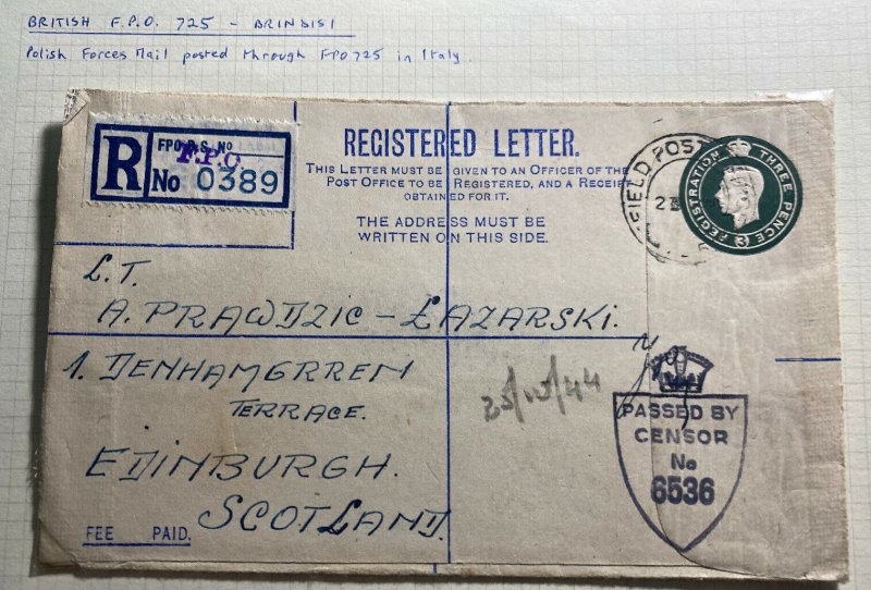 1944 Polish Forces Mail British Liberation Army In Italy Cover To Scotland 