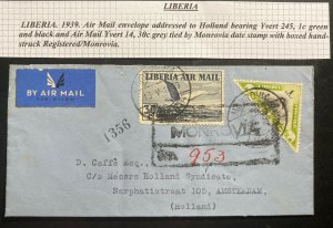 1939 Monrovia Liberia Airmail Registered Cover to Amsterdam Netherlands
