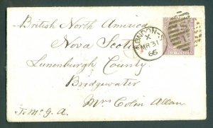 SG 97 6d lilac plate 5. Good used on small envelope to Nova Scotia from London..