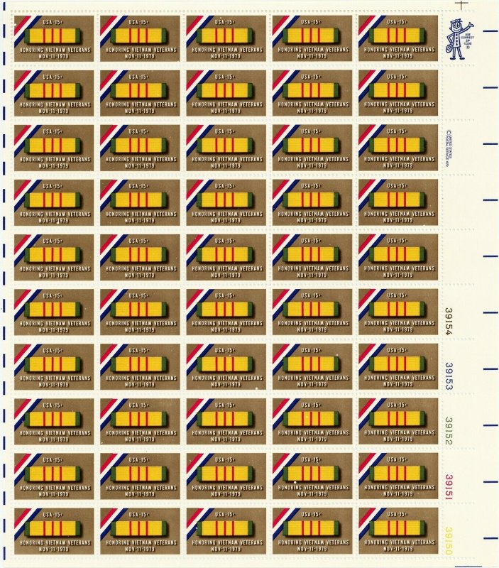 Honoring Vietnam Veterans Sheet of Fifty 15 Cent Postage Stamps Scott 1802