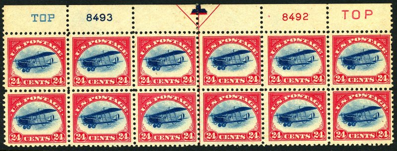 U.S. #C3 MINT ARROW PL# BLOCK OF 12 OG NH, HR ON SELVAGE