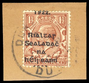 Ireland #25var, 1922 1 1/2p red brown, significant shift of overprint, with ...