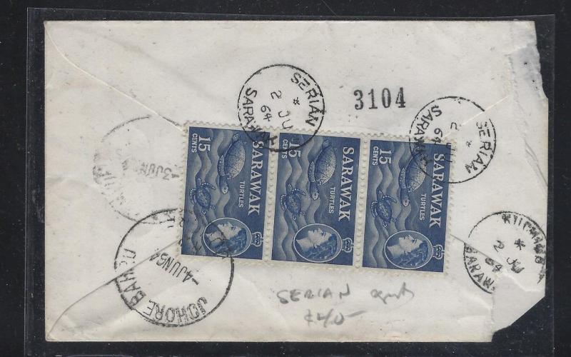 SARAWAK COVER  (PP0706B)  1964 QEII 15CX3 TURTLE REG SERIAN TO JOHORE