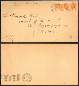 Nigeria 1932 cover to Italy franked KGV 1 1/2d x3 CALABAR postmarks