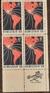 US Scott # 1340; 6c Hemisphere from 1968; MNH, og; VF; zip block of 4;