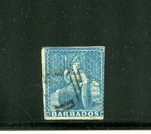 Barbados #6 (BA818) Britannia (1p) Blue, White Paper, Used, Fine, CV$70.00