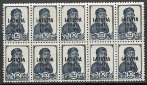 LATVIA GERMAN OCCUPATION 1941 10k Blue BLOCK OF 10 Sc 1N15 MNH