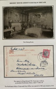 1905 South Africa RPPC Postcard cover To Leeds England Dining Room Rhodes House