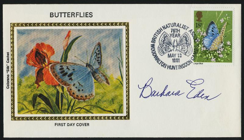 Great Britain 942 FDC Butterflies - Barbara Eden Signature - Colorano Silk Cahet