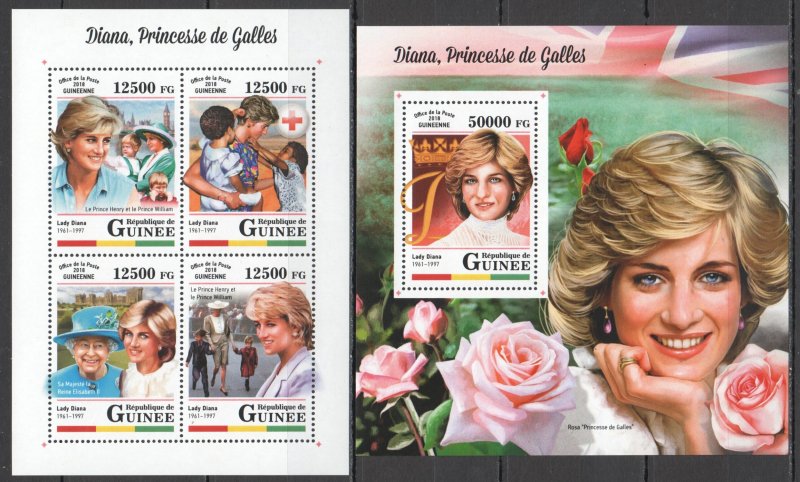 HM0022 2018 GUINEA PRINCESS DIANA QUEEN ELIZABETH II FLOWERS #12890-3+BL2874 MNH