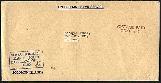 SOLOMON IS 1980 local OHMS cover POSTAGE PAID / GIZO S.I...................93076