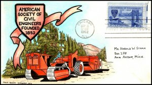 Scott 1012 - 3 Cents Civil Engineering Paula Bogert Hand Painted FDC