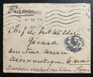 1917 London England Airmail Pioneer Flight Board Of Trade Cover To Paris France