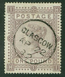 SG 129 £1 brown-lilac. Very fine used with a Glasgow, April 22nd 1882 CDS...