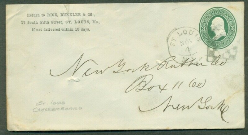 1870's 3¢ envelope w/ST LOUIS CHECKERBOARD CANCEL, unusual