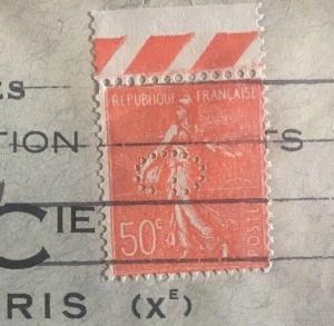 1930s Paris France Commercial Cover Perfin Stamp Gentil & C Supplies