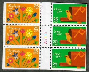 #2398a Thinking and Love You MNH booklet pane of 6