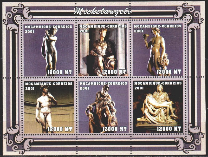 Mozambique. 2001. Small sheet 2127-32. Michelangelo, sculptures. MNH.