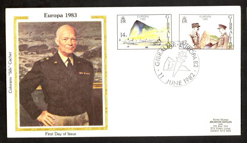 GIBRALTAR 1982 Europa Set Scott 435-436 on Silk EISENHOWER Cachet FDC