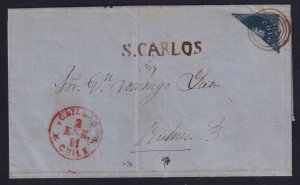 Chile 1861 10c Colon Bisect Folded Letter S. CARLOS Straight-Line to Bulnes